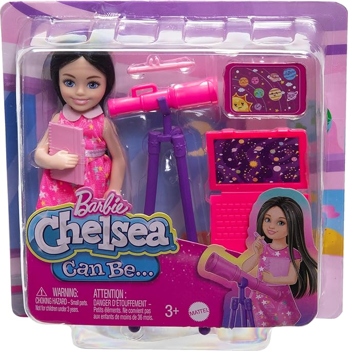 Barbie Toy Set, Chelsea Can Be Astronomer, Brunette Small Doll with 5 Science-Themed Accessories Including a Telescope