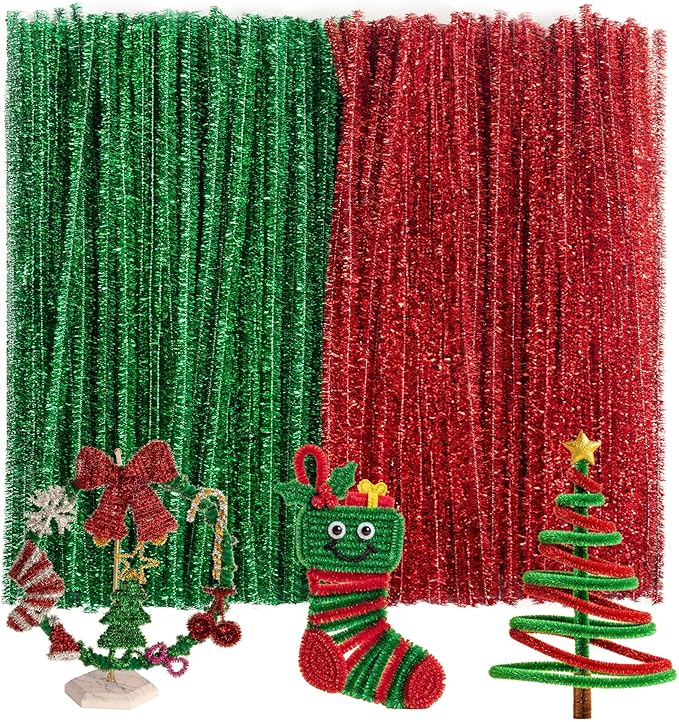Caydo 200 Pieces Glitter Pipe Cleaners for Mother's Day Decorations, Sparkling Red and Green Chenille Stems Bulk for Flowers, Animals, Creative Art and Crafts Making