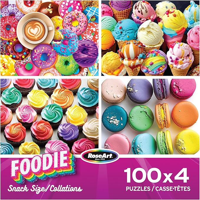 RoseArt - Snack Size Multi-Puzzle Set - Foodie - 4 x 100 Piece Jigsaw Puzzle for Adults