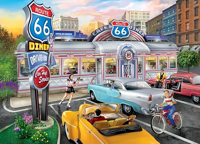 MasterPieces Jigsaw Puzzle 1000 Pieces for Adults - Rockin Rollin on 66, Retro Diner Scene with Jukebox, 19.25"x26.75", Vintage Americana, Unisex Adult
