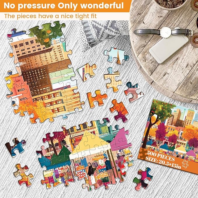500 Pieces Puzzle for Adults–Beautiful Autumn Market Puzzle for Adults Elderly–Recycled Paper Jigsaw Puzzle 500 Piece–Glossy, Sturdy Pieces Challenging Family Game Great Gift Idea (20.5x15in)
