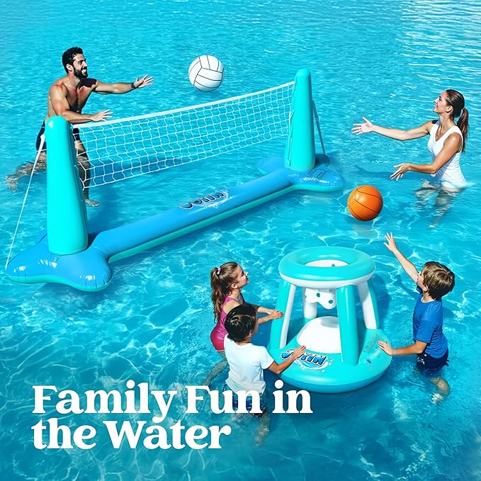 JOYIN XL Inflatable Pool Float Set, 125'' Volleyball Net & Basketball Hoops, Extra Large Floating Swimming Game Toy for Kids and Adults, Summer Floaties, Volleyball Court|Basketball, XL-Blue, Cyan