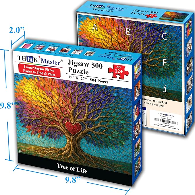 Think2Master Colorful Vibrant Stained Glass Style Artwork Tree of Life 500 Pieces Very Large Pieces Jigsaw Puzzle: 13+, Adults & Seniors. Great Gift. Size: 26.8” X 18.9”