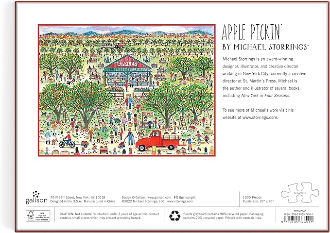 Galison Michael Storrings Apple Pickin' 1000 Piece Puzzle from Galison - 27" x 20" Beautifully Illustrated Puzzle, Thick & Sturdy Pieces, Perfect Activity for Chilly Fall Weather!