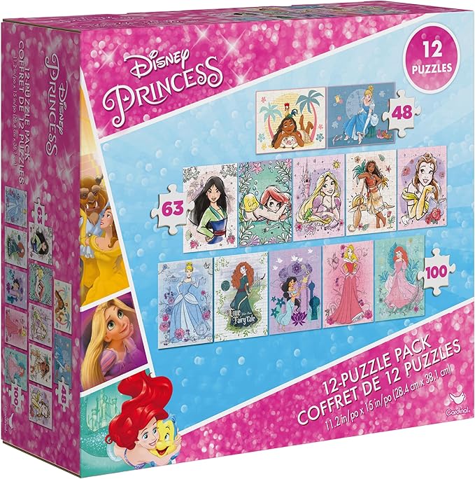 Spin Master Games, Disney Princess 12-Puzzle Bundle - Moana, Ariel, Mulan, Cinderella & More, with 48-Piece, 63-Piece, & 100-Piece Disney Puzzles for Kids, for Ages 4 & Up