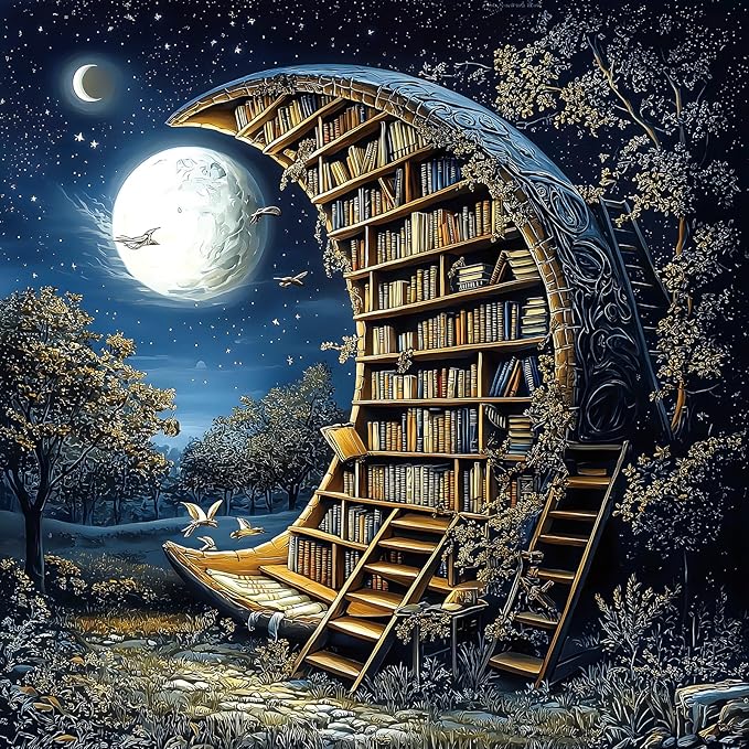 Moonlit Book Haven 500-Piece Adult Jigsaw Puzzle: Enchanted Night Library Fantasy Scene, 20x20 Inches – Mindful Relaxation & Cozy Hobby