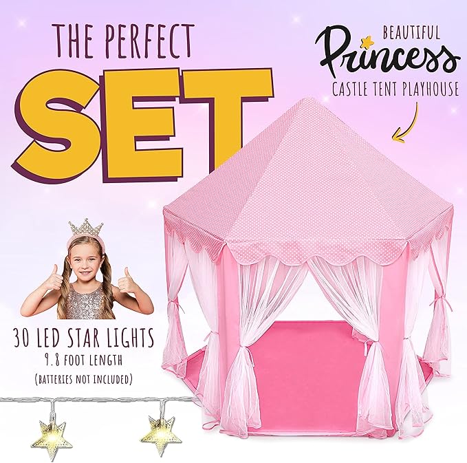 Orian Princess Tent for Kids, Toddler & Kids Pink Play Tent Indoor & Outdoor Princess Castle Fort for Girls and Toddlers Ages 2-7, 55”x53”, LED Star Lights, Children’s Toys and Gifts for Girls
