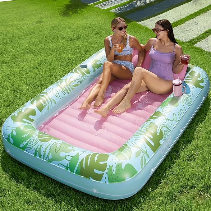 SLOOSH Inflatable Tanning Pool Lounger Float, 85" x 57" Extra Large Pool Floats Adult with Pillow, 4 in 1 Suntan Tub Raft Floatie,Sunbathing Bed Lounge for Water Blow Up Ball Pit, XL-Cyan Pink