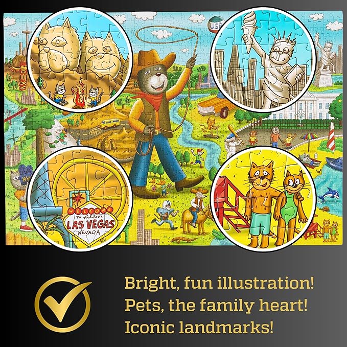 1000 Piece Puzzle for Adults & Kids - Funny Cats & Dogs USA Map Puzzle, Gift-Ready Box, Letters on Back, 8 Jigsaw Puzzle Saver Sheets & Full-Size Poster by GERJATO - Fun Educational Gift for All Ages