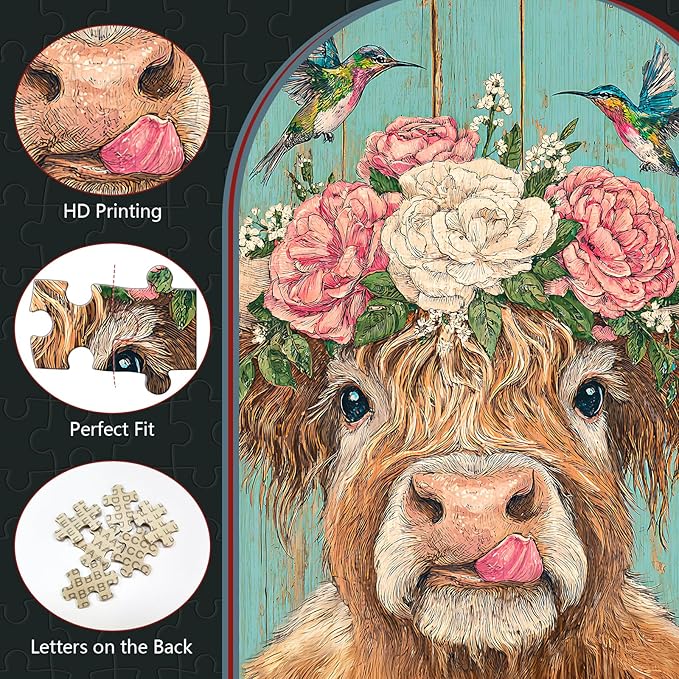 Great Jigsaw Puzzles for Adults 300 Pieces Rustic Highland Cow with Hummingbirds and Blossoms Puzzles for Adults Toys Gift Family Decoration Kids Puzzle