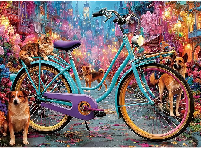 500 Pieces Puzzle for Adults, Puzzles for Adults 500 Pieces, Retro Bicycle Dogs Cat Street Jigsaw Puzzle, Challenging Perfect for Game Nights, 20.5 X 15 in