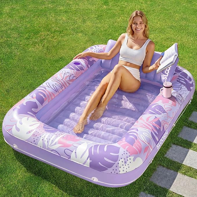 SLOOSH Inflatable Tanning Pool Lounger Float, 70" x 46" Pool Floats Adult with Pillow, 4 in 1 Suntan Tub Raft Floatie,Sunbathing Bed Lounge for Water Blow Up Ball Pit Party Gifts, L-Purple