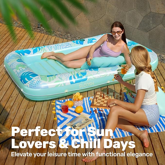 SLOOSH Inflatable Tanning Pool Lounger Float,85" x 57" Extra Large Pool Floats Adult with Pillow,4 in 1 Suntan Tub Raft Floatie,Sunbathing Bed Lounge Blow Up Ball Pit Party Gifts,XL-Cyan White