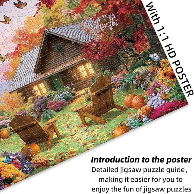 Sutinban Fall Cottage 500 Pieces Puzzle for Adults, Thanksgiving Colorful Autumn Nature Jisgaw with Plant Pumpkin, Challenging Puzzle for Home Decor & Gift