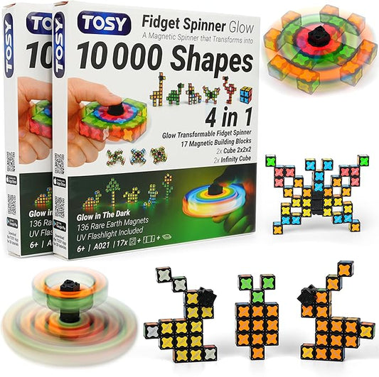 TOSY Magnet Fidget Spinner Glow - 16 Blocks, 3in1 Toy: Transformable Fidget Spinner, Infinity/Puzzle Cube, Easter Basket Stuffers Gift for Kids/Adults, Glowing STEM Sensory Stress Relief, 2-Pack