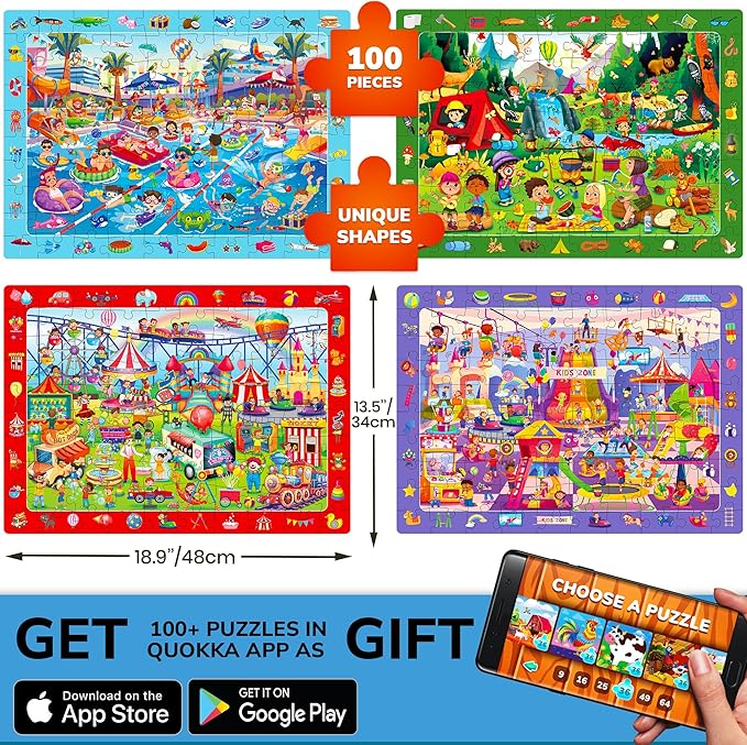 QUOKKA 100 Piece Puzzles for Kids Ages 4-6 – 4xSET Search and Find Kids Puzzles Ages 5-8 – Artist-Crafted Illustrations, Hidden Objects, Unique Jigsaw Shapes, Educational Activity for Learning & Play