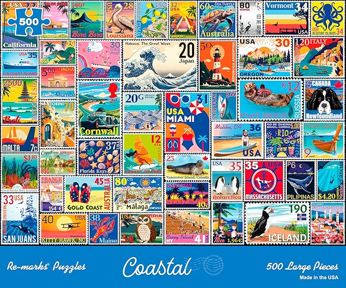 Re-marks Coastal Stamp Collage Puzzle, 500 Large Piece Jigsaw Puzzle for All Ages