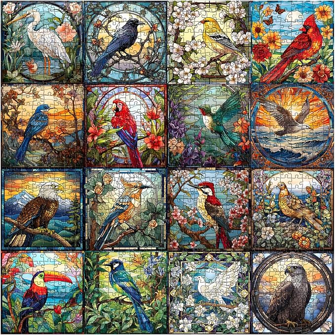 Stained Glass Puzzles for Adults 1000 Pieces, Bird Puzzles for Adults Flower with Cardinal Bird Parrot Hummingbird, Impossible Hard Challenging Jigsaw Puzzles