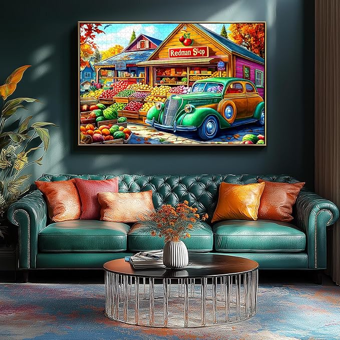 MINIWAN Vintage Autumn Country Farmers Market Puzzles for Adults 1000 Pieces, Fall Fruit Stand with Vintage Car Jigsaw Puzzle, Gift for Country Life & Food Lovers 27.5x19.7 Inch