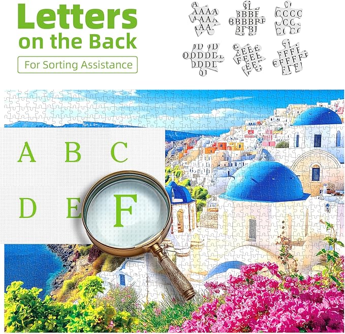 MINIWAN 500 Piece Puzzles for Adults - Santorini Greece Blue Dome Church Jigsaw Puzzle, 23x15 Inches with Unique Irregular Shaped Pieces for Relaxation & Home Wall Decor