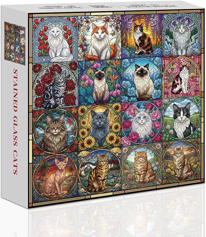 Stained Glass Puzzle Cat Puzzles for Adults 1000 Pieces, Mosaic Art Colorful Flowers Cat Jigsaw Puzzles 1000 Pieces, Hard Difficult Funny Jigsaw Puzzles for Adults