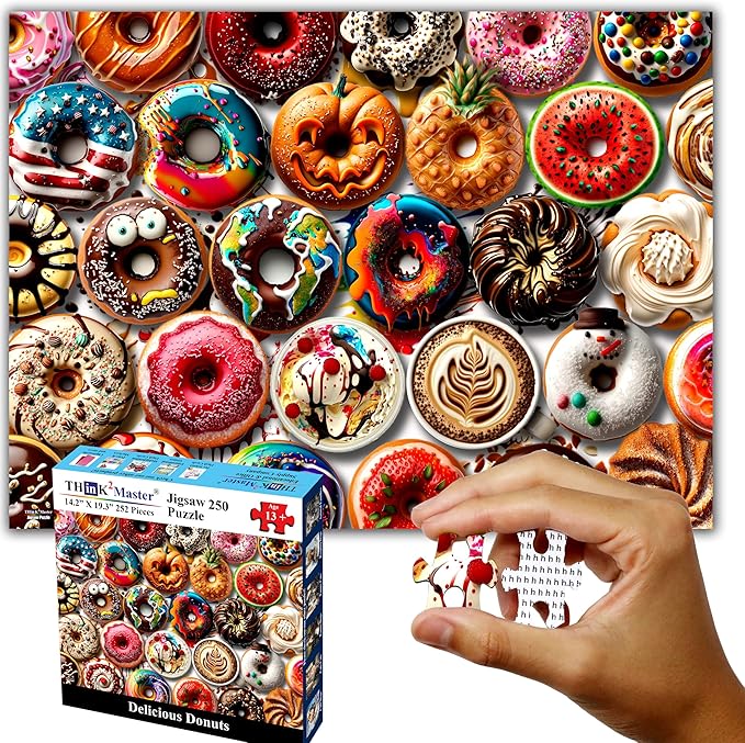 Think2Master Donuts 250 Pieces Jigsaw Puzzle. Perfect White Elephant Gag Gift. Fun Puzzle for Families. Great Gift for Adults and Teens. Size: 14.2” X 19.3”