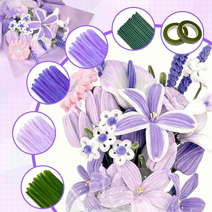 LINAYE 500 PCS Pipe Cleaners Craft, 6 Colors Pipe Cleaners Flowers Kit, Chenille Stems for Crafts with Instruction Wrapping Paper, Flower Stamens, Stems Art and Craft Supplies Purple