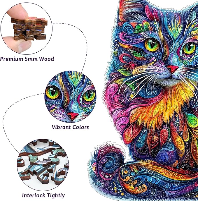 209pcs Wooden Jigsaw Puzzle for Adults – Colorful Cat Puzzle Gift for Cat Lovers, 12.2 x 13.9’’ Unique Animal Shape Wooden Puzzle, Artistic Cats Lover Gift for Women & Men (ColorCat)