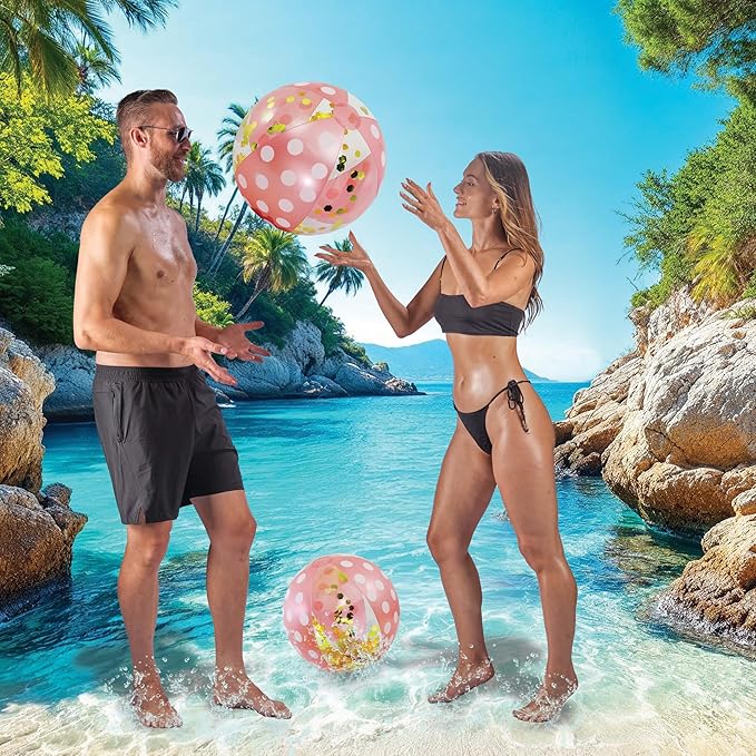 POZA Inflatable Beach Balls - Elegant Glitter Confetti Premium Floaters, Heavy Duty Vinyl Floatation Pool Toys for Pool Beach Party, UV Resistant Pool Décor