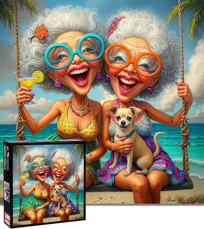 Old Woman Puzzles for Adults 500 Pieces - Happy Grandma Paper Puzzle, Funny Elderly Sisters Beach Swing Puzzle, Ladies Friends Puzzles, Home Decor Challenge Gift for Old People and Best Women Friend