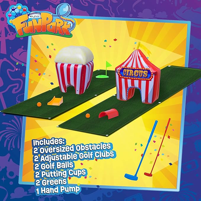 FunPark Inflatable Mini Golf Set – 13-Piece Course with Adjustable Clubs, Balls, Putting Cups, Green Mats and Themed Obstacles for Indoor or Outdoor Play, Active Game for Boys ANG Girls, Ages 6+