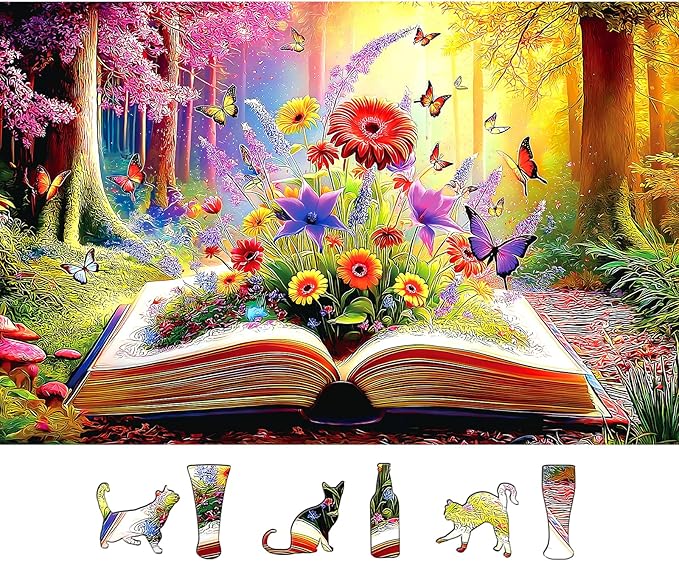 MINIWAN 500 Piece Puzzles for Adults - Enchanted Book Forest Floral Jigsaw Puzzle, 23x15 Inches with Unique Irregular Shaped Pieces for Relaxation & Home Wall Decor