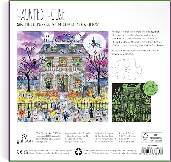 Galison Haunted House – 500 Piece Glow in The Dark Jigsaw Puzzle Featuring Spooky Artwork of A Haunted House