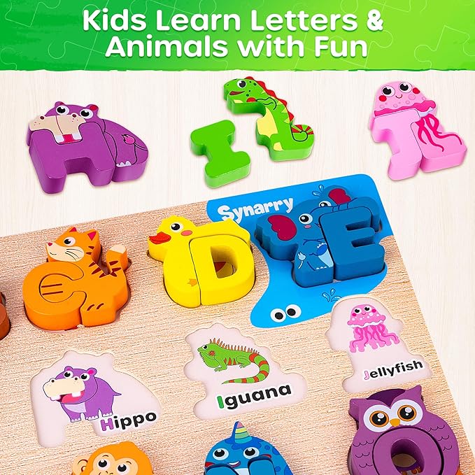 SYNARRY Wooden Alphabet Puzzle, 52 Pieces ABC Puzzles for Kids Ages 3-5, Alphabet ABC Letter Blocks Puzzles for Toddlers 2-4, Animals Letter Matching Preschool Learning Toys, Easter Gifts for Kids