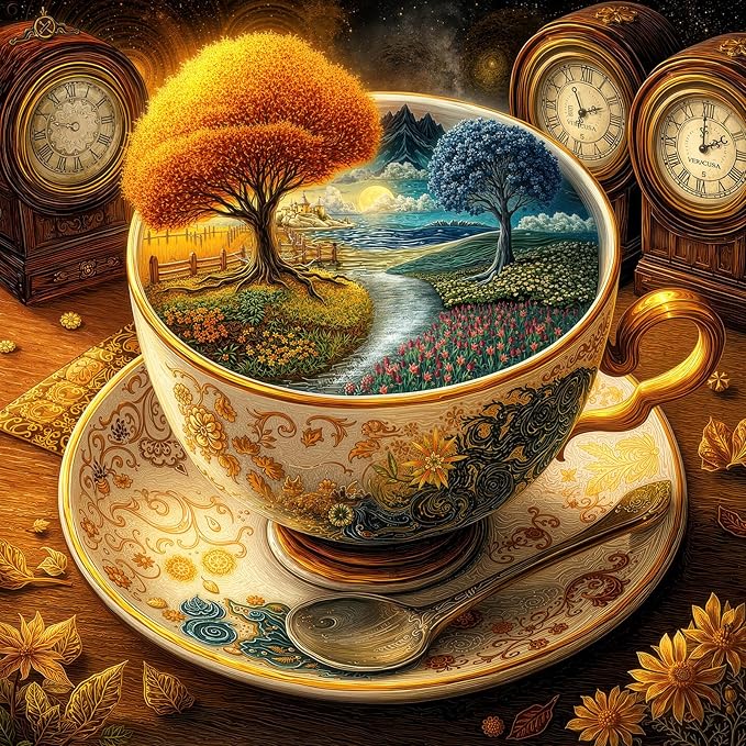1000 Pieces Jigsaw Puzzles for Adults, Surreal Tea Cup with Vintage Clocks & Autumn Landscape Puzzle with Letters on Back, 22.8×22.8 Inch Hard Difficult Challenging Adult Puzzle for Gift & Home Decor