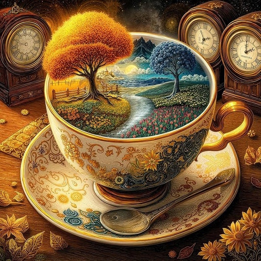 1000 Pieces Jigsaw Puzzles for Adults, Surreal Tea Cup with Vintage Clocks & Autumn Landscape Puzzle with Letters on Back, 22.8×22.8 Inch Hard Difficult Challenging Adult Puzzle for Gift & Home Decor