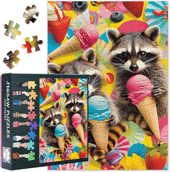 Jigsaw Puzzle 1000 Pieces for Adults, Cute Raccoons Enjoying Tasty Ice Cream 1000 Piece Jigsaw Puzzles, Delicious Summer Adult Puzzles, Educational Finished Size 19.5 x 27.5 Inch