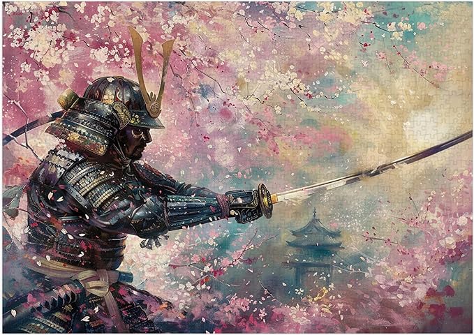 Cherry Blossom and Samurai Jigsaw Puzzle 1000 Pieces for Adults - Floral Puzzle Gift for Japan Lovers - 1000pc Horizontal Puzzles (50x70cm / 19.685"x27.559")