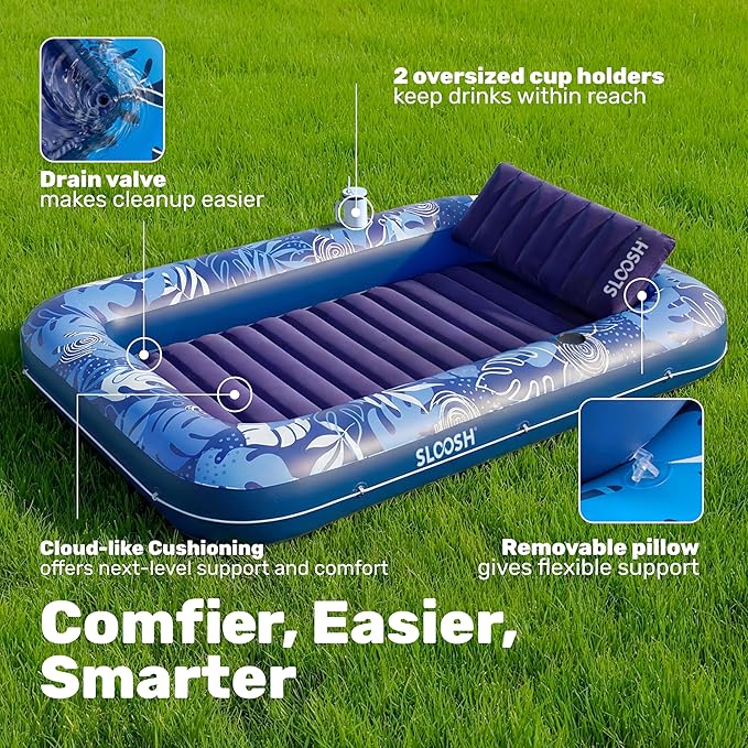 SLOOSH Inflatable Tanning Pool Lounger Float, 85" x 57" Extra Large Pool Floats Adult with Pillow, 4 in 1 Suntan Tub Raft Floatie,Sunbathing Bed Lounge for Water Blow Up Ball Pit, XL-Dark Blue