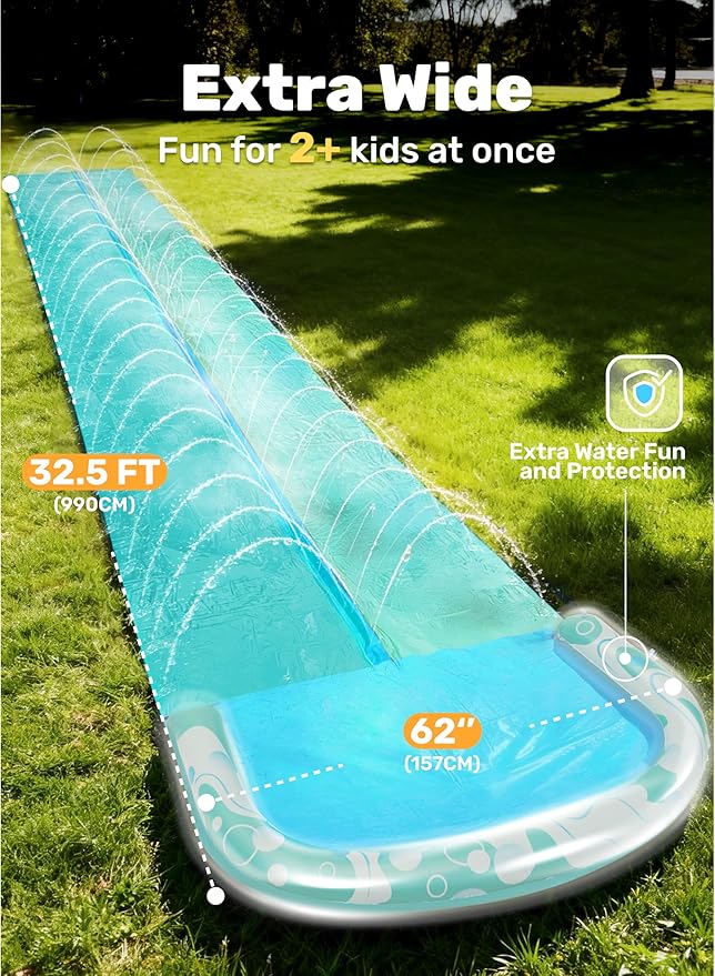 JOYIN 32.5FT Water Slide and 2 Inflatable Boards, Extra Long Heavy Duty Double Lawn Waterslide with Sprinkler for Kids Adults Backyard Summer Water Toy Outdoor Fun, Blue, Light Blue