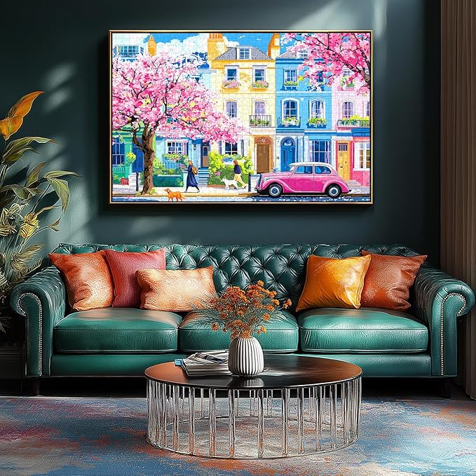 Puzzles for Adults 1000 Pieces Urban Cherry Blossom Spring Street and Pink Vintage Car Art Jigsaw Puzzle for Family Fun Challenging, Party Game Gifts Decoration (27.5" x 19.7")