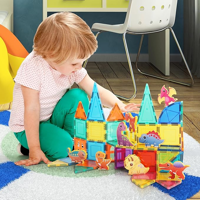 PicassoTiles Dinosaur Toys Magnet Tiles Building Blocks 8 Magnetized Action Figures Compatible Magnetic Construction Build and Play Tile Accessory Toy STEAM Educational Learning Toys Kids Ages 3+