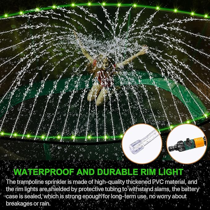 2Pcs Outdoor Trampoline Set, 12Ft LED Trampoline Light and Trampoline Sprinkler, Outdoor Trampoline Backyard Water Park, 16Color Change,Waterproof, Bright to Play at Night Outdoors, Good Gift for Kids
