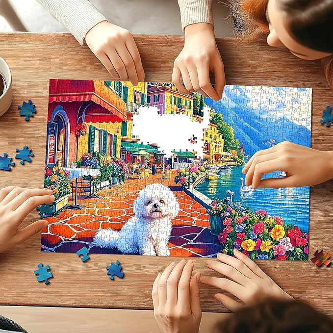 500 Pieces Puzzles for Adults, Lakeside Town - Seaside City Cafe with Dog Clearance Jigsaw Puzzle for Party Game Family Decoration Gifts, Finished Size 23" x 15"