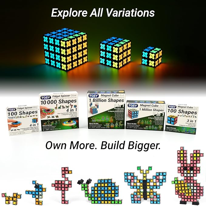 TOSY Magnet Cube 2x2 - 8 Blocks, 2in1 Toy: 2x2x2 Puzzle Cube and Customizable Infinity Cube, Easter Basket Stuffers Gifts for Kids/Grandkids, Glowing with UV Flashlight, Sensory/STEM Toy