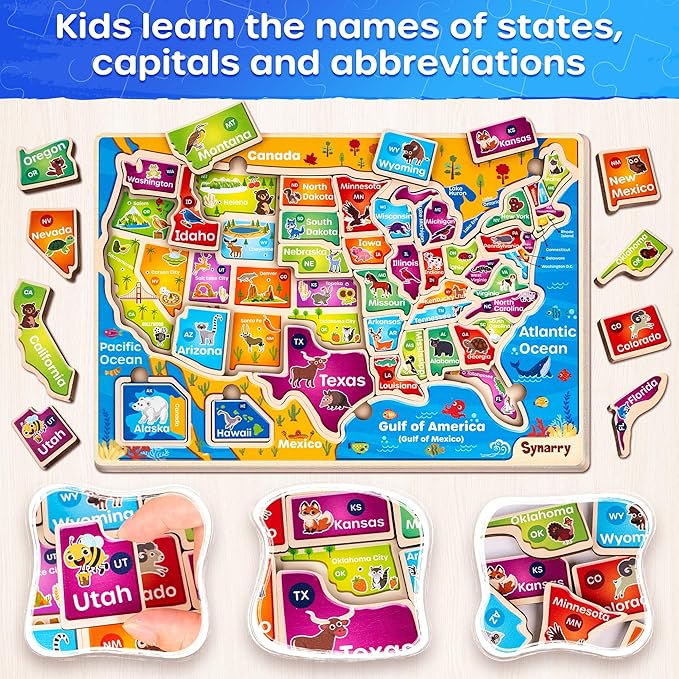 SYNARRY Large USA Wooden Puzzles for Kids Ages 3-5, Learning United States Map Puzzles for Kids Ages 4-6, Wood Jigsaw Puzzles Educational Games Toys for Boys Girls Ages 3-8, Easter Basket Stuffers