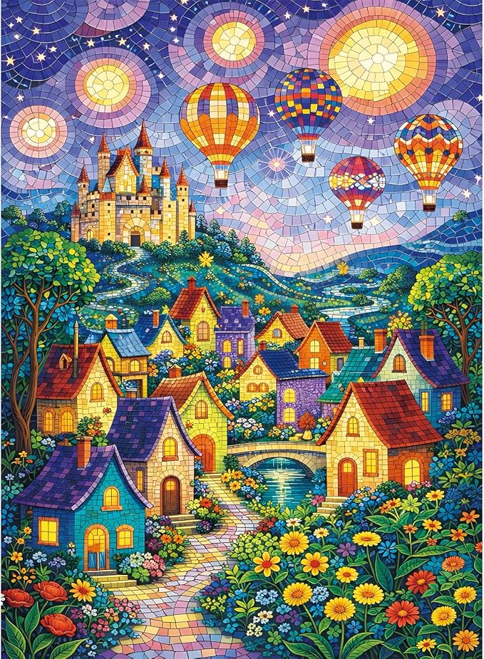 500 Piece Puzzle for Adults, Fantasy Village 500 Piece Puzzle, Vibrant Hot Air Balloons & Castle in Starry Night Jigsaw Puzzle, Perfect for Family Game Night, Home Wall Decor, Great Gift for Adults