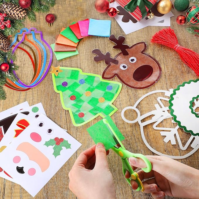 24 Sets Paper Crafts Kit with Colored Tissue Paper Sticker Tools Hanging Ornaments Suncatcher for Window Classroom Activity(48 Sets,Christmas)
