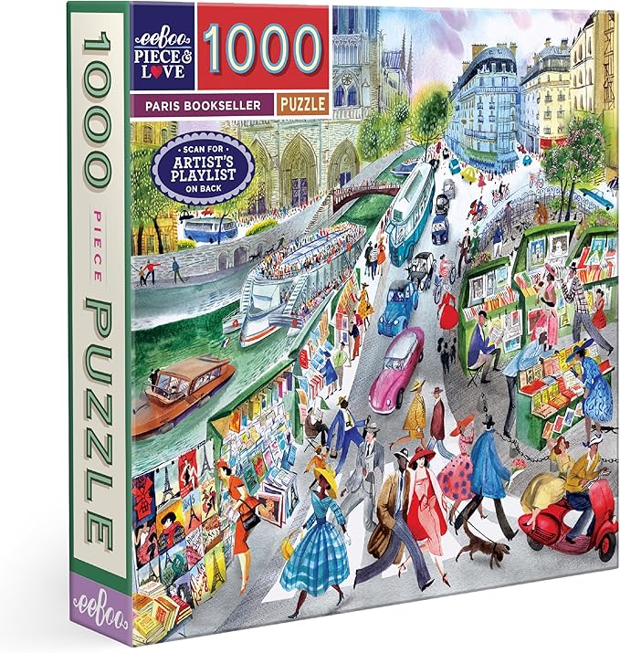 eeBoo 1000 Piece Puzzle - Paris Bookseller Jigsaw Puzzle for Adults, Square 23" x 23" Made with Recycled Board & Vegetable-Based Ink