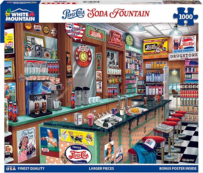 White Mountain 1000 Piece Jigsaw Puzzle Retro Soda Shop Diner Puzzles with Large Pieces for Adults and Family 24"x30" - Pepsi Soda Fountain
